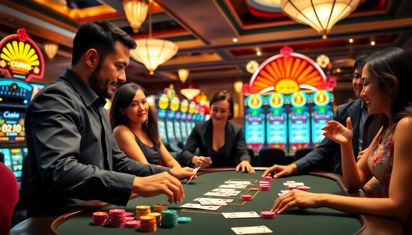Players enjoying a thrilling poker game at c168 com casino with vibrant chips and cards.