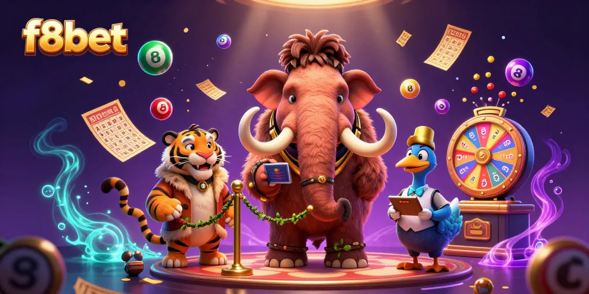 Win big with f8bet in a vibrant 3D casino illustration featuring lively lottery elements.