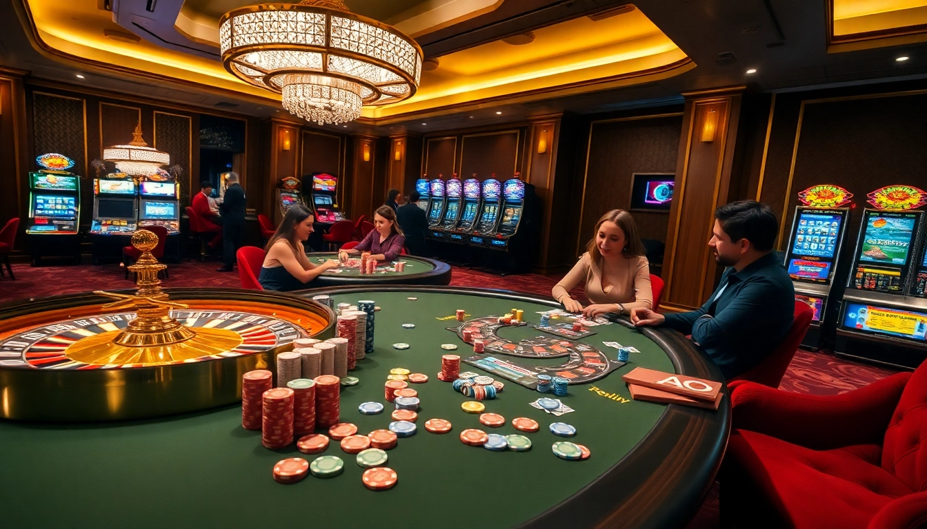Experience the excitement of sunwin at a luxurious casino with vibrant roulette and poker games.