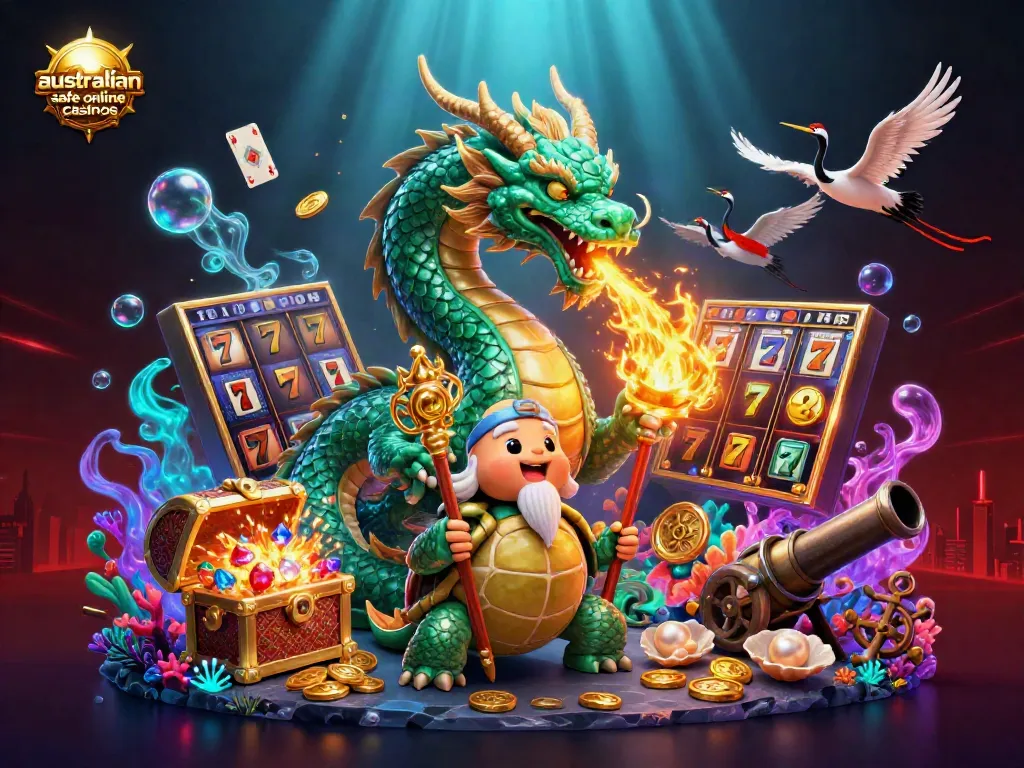 Experience the thrill of australian safe online casinos with a spectacular 3D dragon, turtle sage, and cranes.