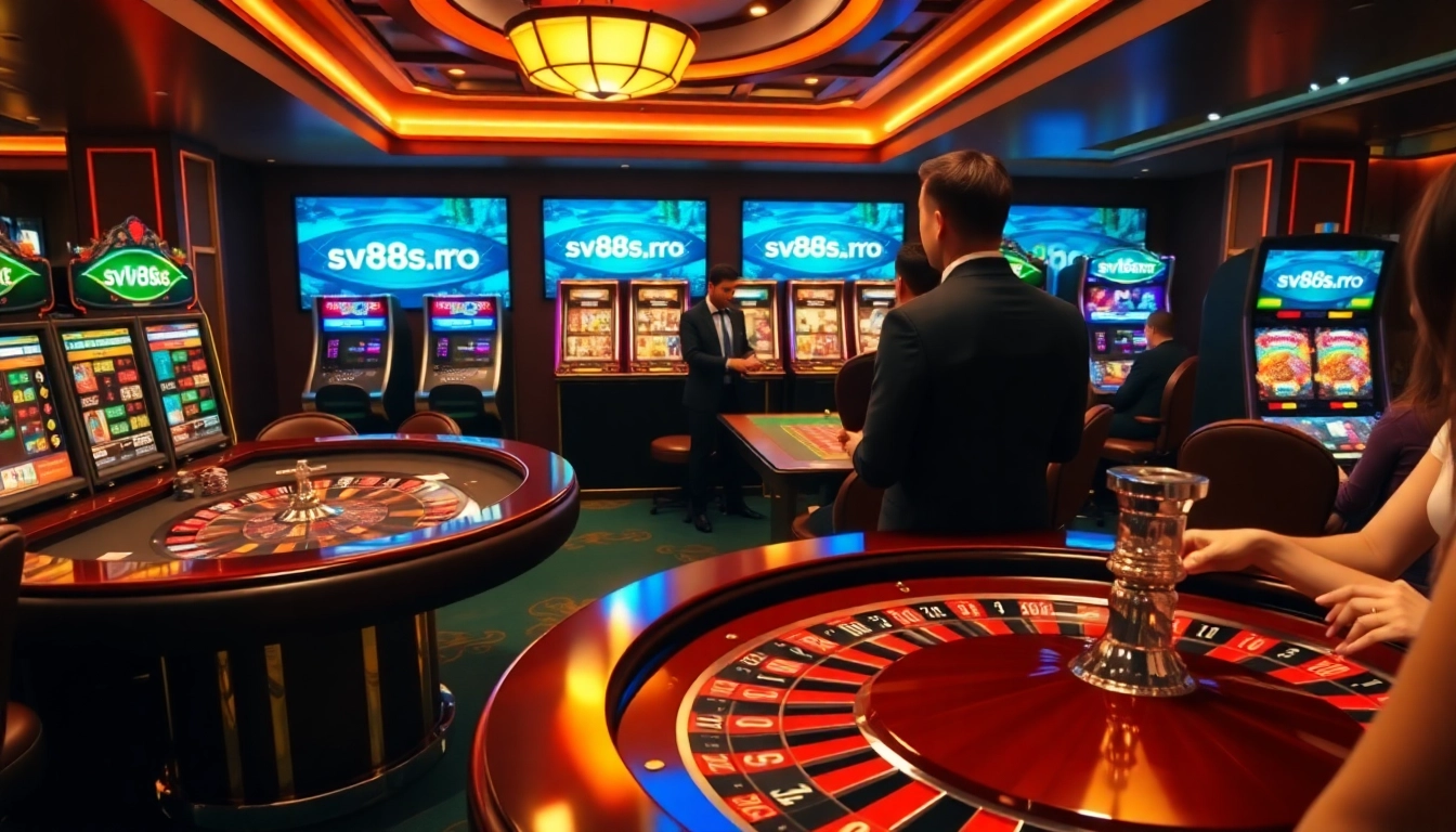 Experience thrilling games at sv88s.pro with elegant casino tables and vibrant slot machines.