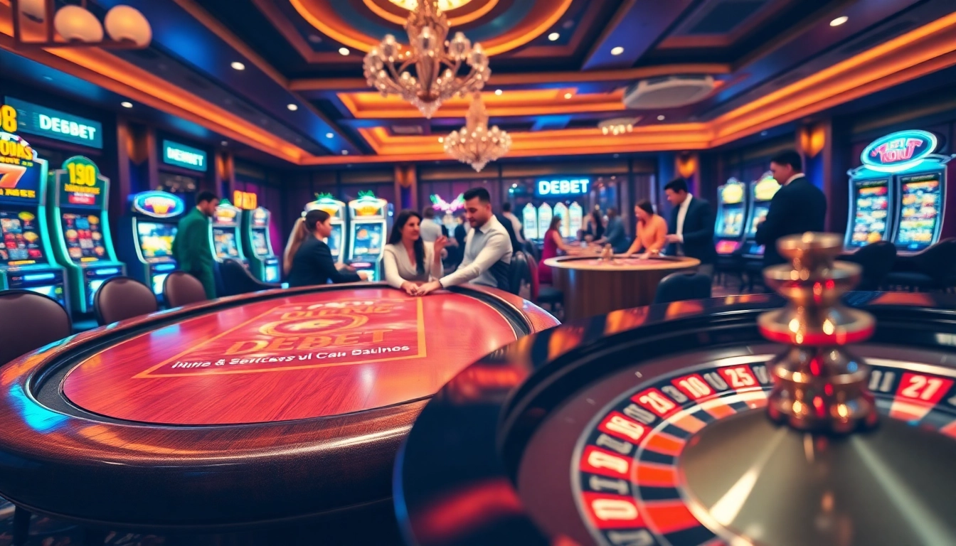 Players engaging in a thrilling poker game at a DEBET casino table with vibrant betting chips.