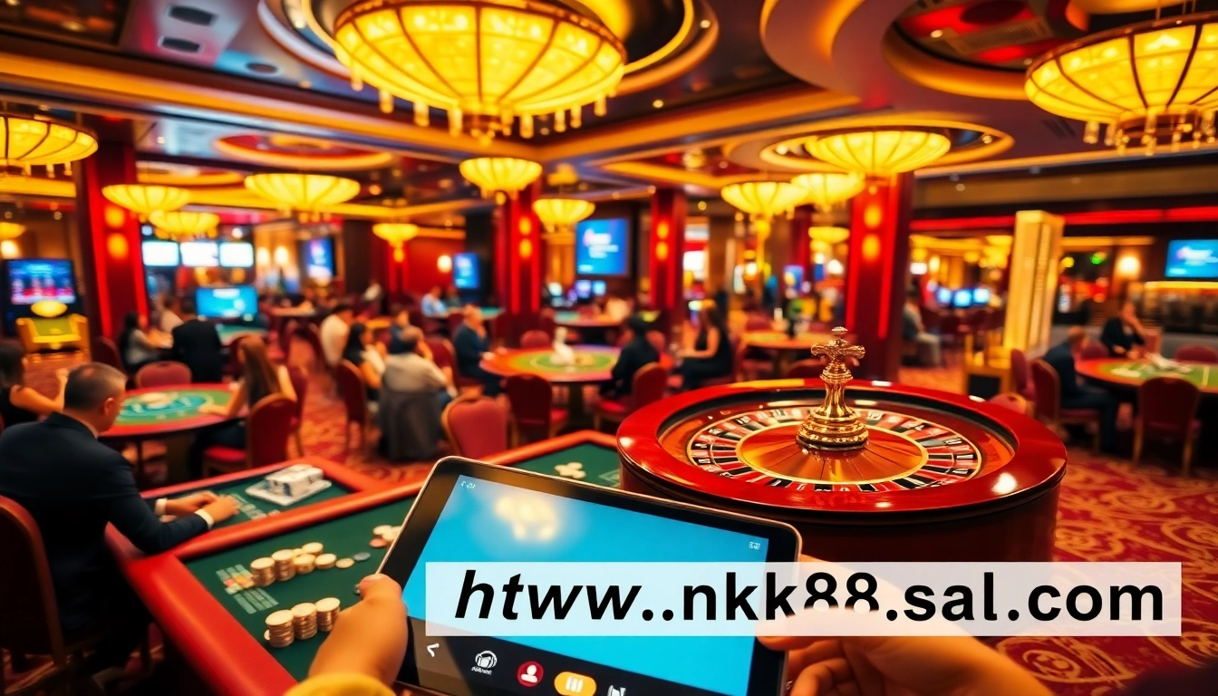 Players enjoying a luxurious gaming experience at https://nk88.sa.com/ casino, featuring roulette tables and poker chips.