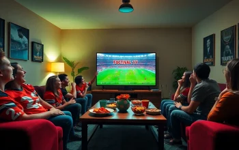 Excited fans enjoying a live football match on joemadfan.com in a cozy living room.