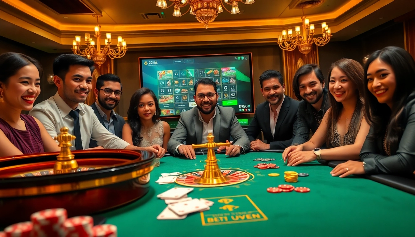 Exciting scene of players engaged in GG88 bet at a luxurious casino table with vibrant poker chips.