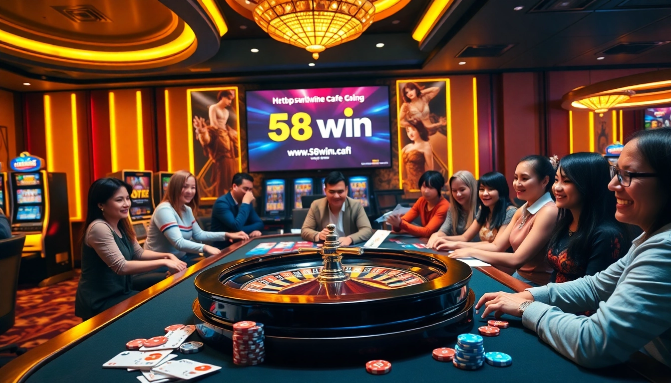 Exciting casino experience at https://58win.cafe/ with vibrant slot machines and roulette table.