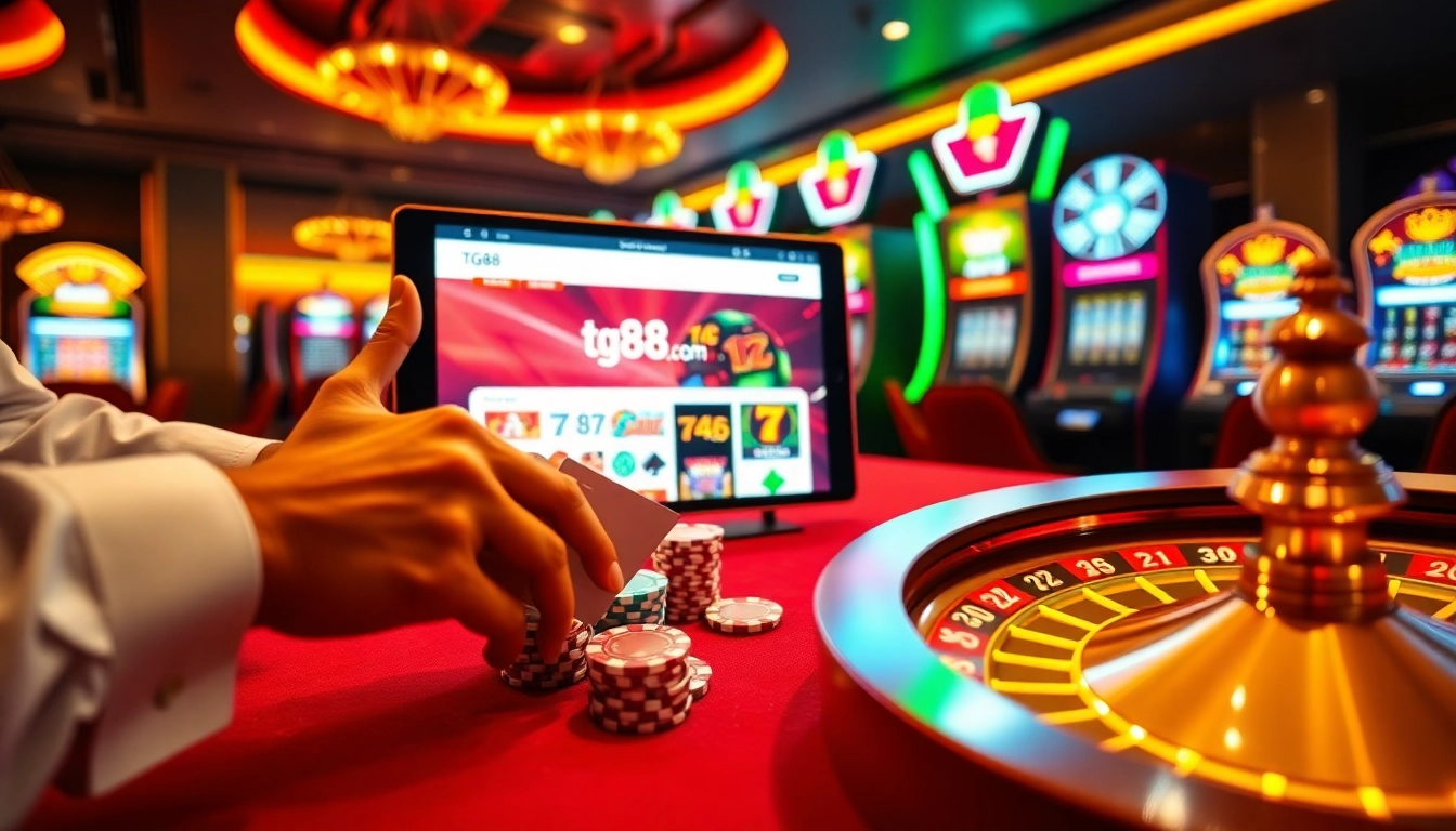 Executing strategic bets on tg88 com with dynamic poker chips and roulette wheel in luxury casino setting